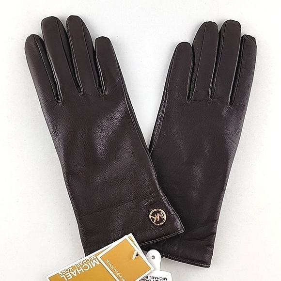 NWT Michael Kors Women Dark Brown Leather Gloves Touch Screen Fleece Lined Sz S - Picture 3 of 10